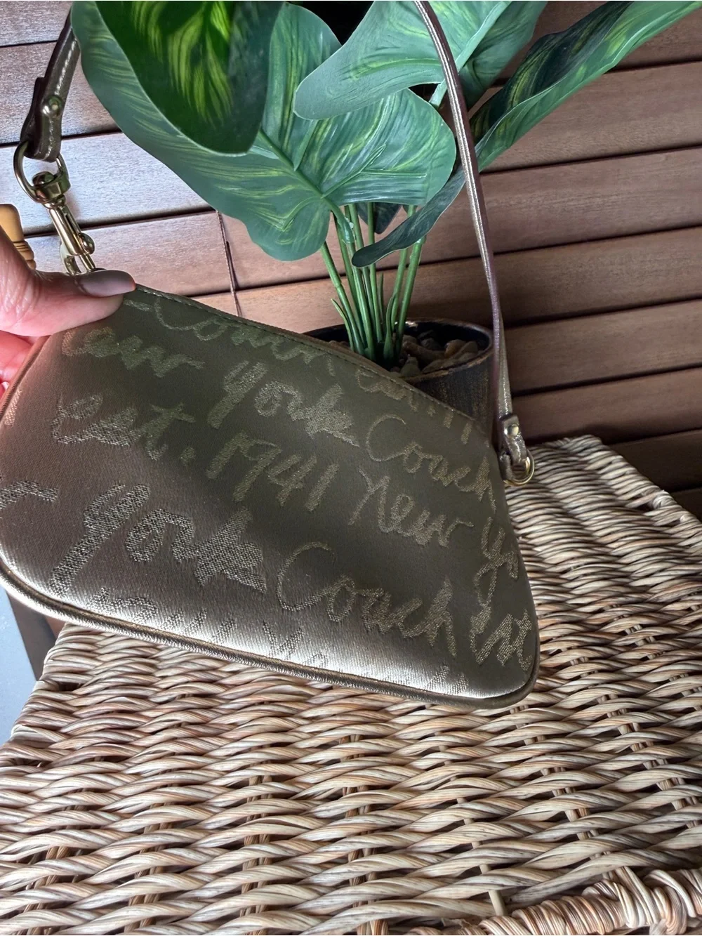 Coach Beige Script Wristlet with Heart Patch
